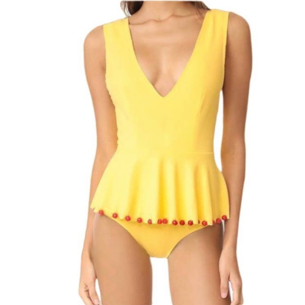 Marysia Peplum Skirted Maillot Swimsuit - Yellow w/ Red Acrylic Beads